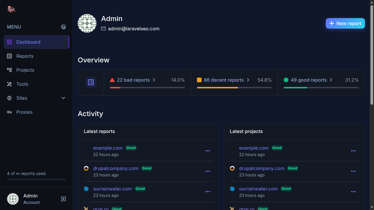 Laravel SEO dashboard with report quality overview and latest reports