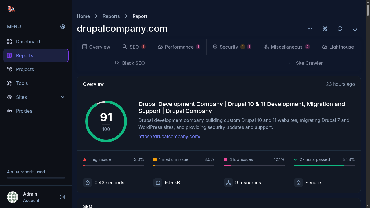 SEO audit report for drupalcompany.com scoring 91 out of 100, with issue breakdown and page stats