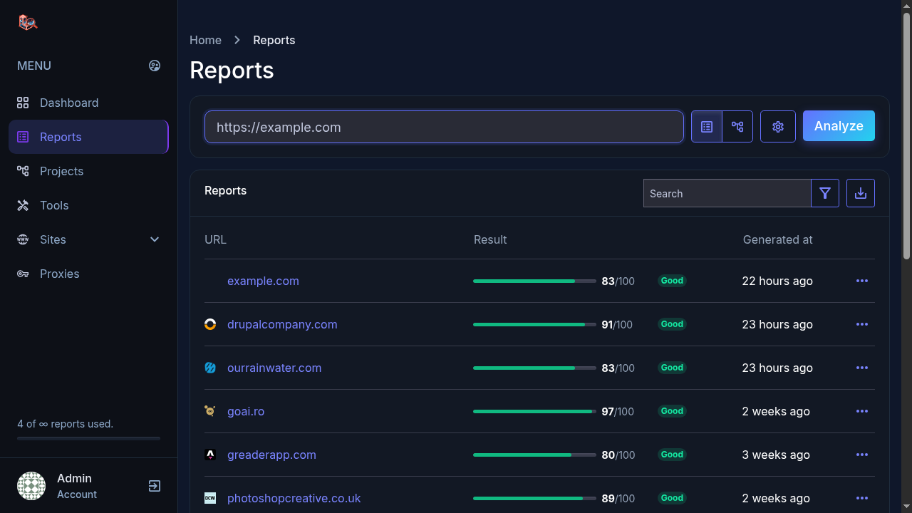 The reports list in the Laravel SEO app, showing scores for recent audits