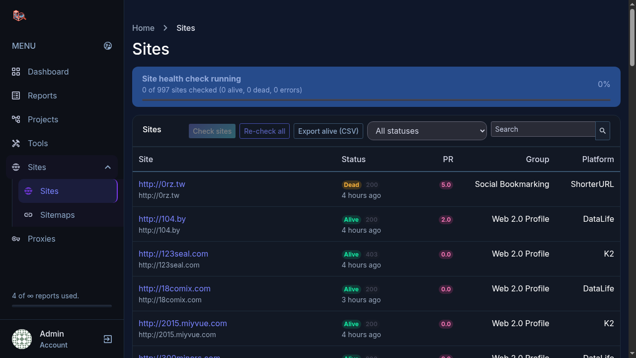 Sites monitor checking 997 sites with alive and dead statuses