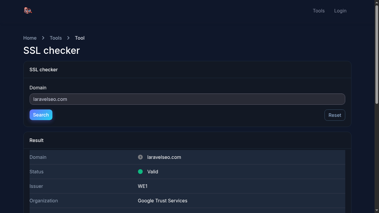SSL checker result for laravelseo.com: valid certificate issued by Google Trust Services