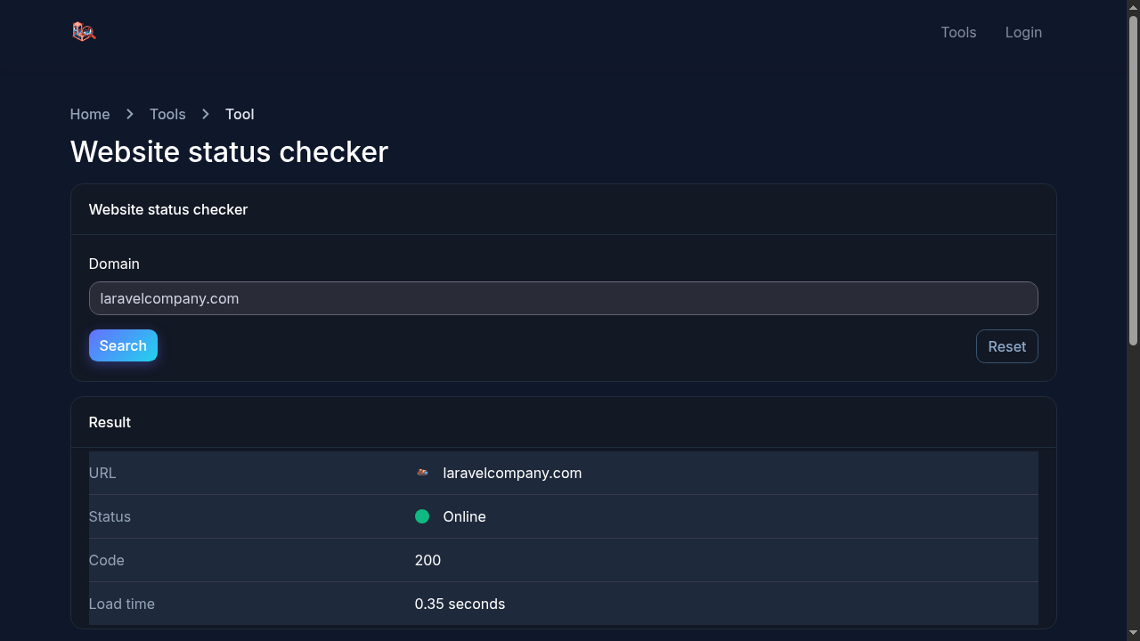 Website status checker result for laravelcompany.com: online, HTTP 200, 0.35 seconds load time