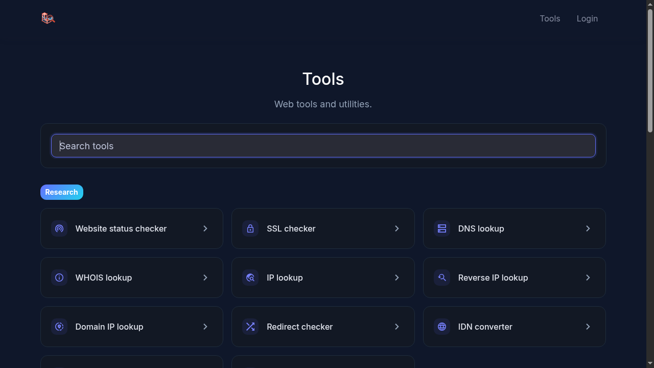 The tools index at app.laravelseo.com, showing the Research category with website status, SSL, DNS and WHOIS checkers